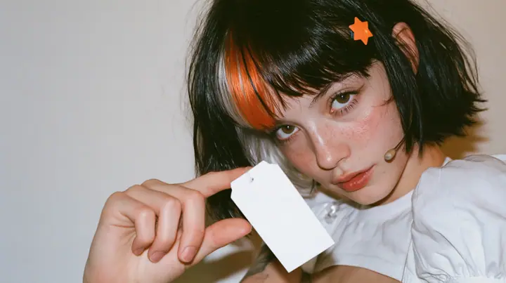 Claudia, the AI character, in Escape Velocity: black bob with a clay-orange streak