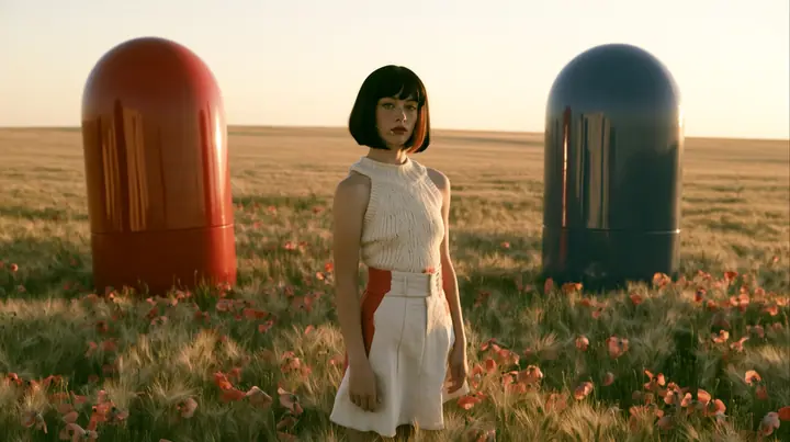 Claudia, the AI character, in golden wheat between giant red and blue capsules (Whitepill)